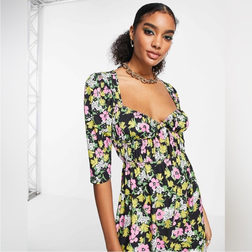 ASOS DESIGN ruched detail midi dress in black base floral